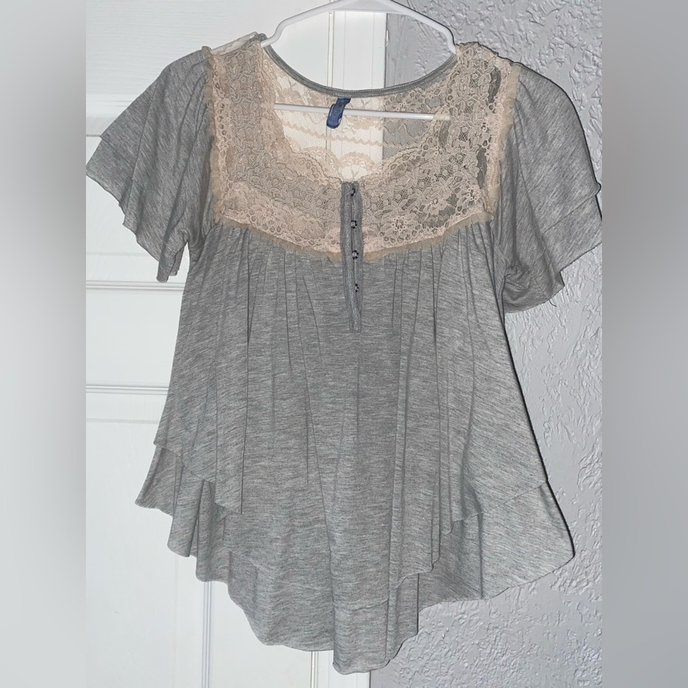 Free People Gray and Cream Lace Blouse